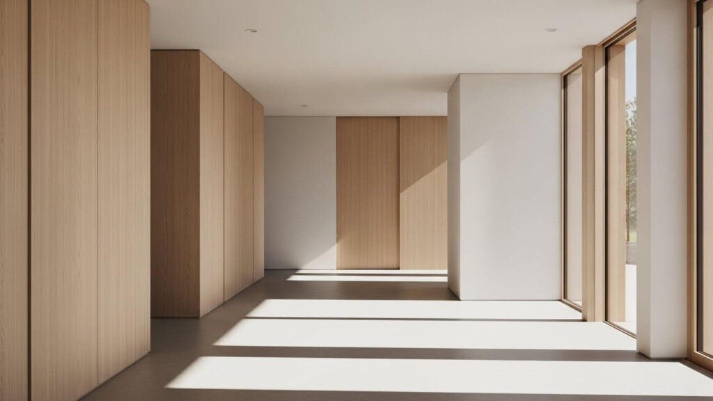 大きな窓から自然光が差し込む廊下空間。木目調の建具と白い壁が調和したシンプルで落ち着いた内観